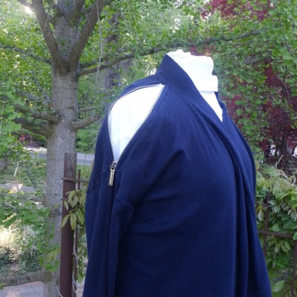 Michael Kors Draped Cardigan navy blue zipper shoulder waterfall sweater LG - Picture 5 of 9